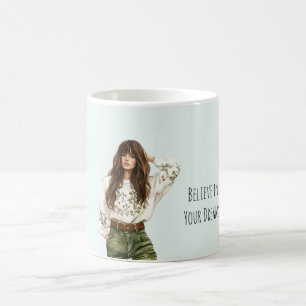 Flicka Gröna Jeans Brun Hår Pannben Kaffemugg