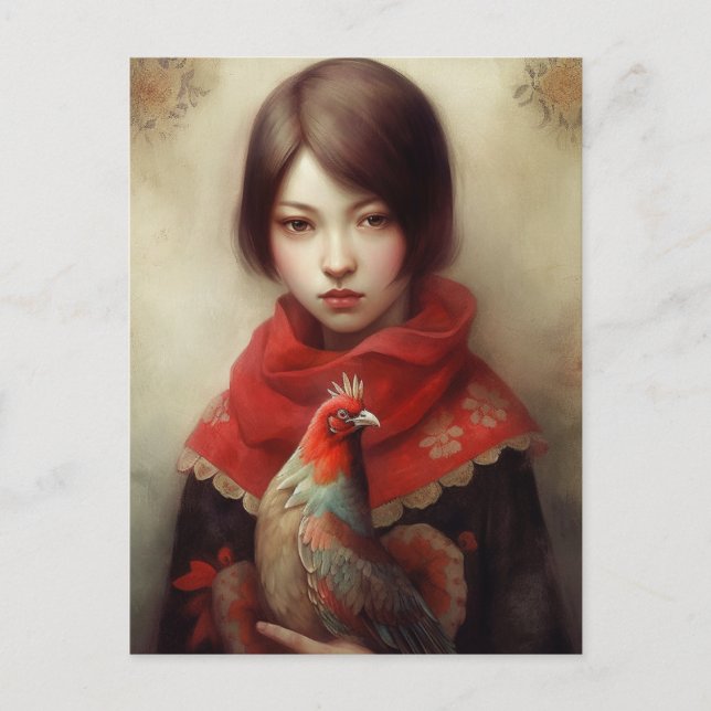 Flicka håller sin tama kyckling AI-konst Vykort (Framsida)