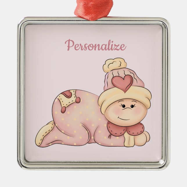 Flicka har anlänt! (bebis flicka) julgransprydnad metall (Framsidan)