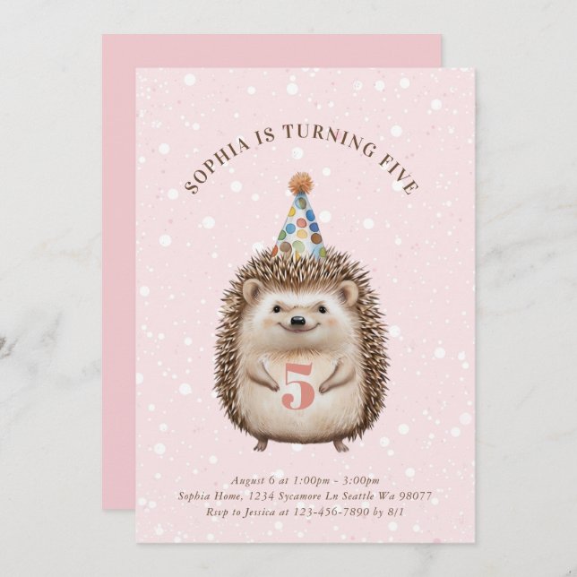 Flicka Hedgehog Birthday-inbjudningar Inbjudningar (Fram/baksida)