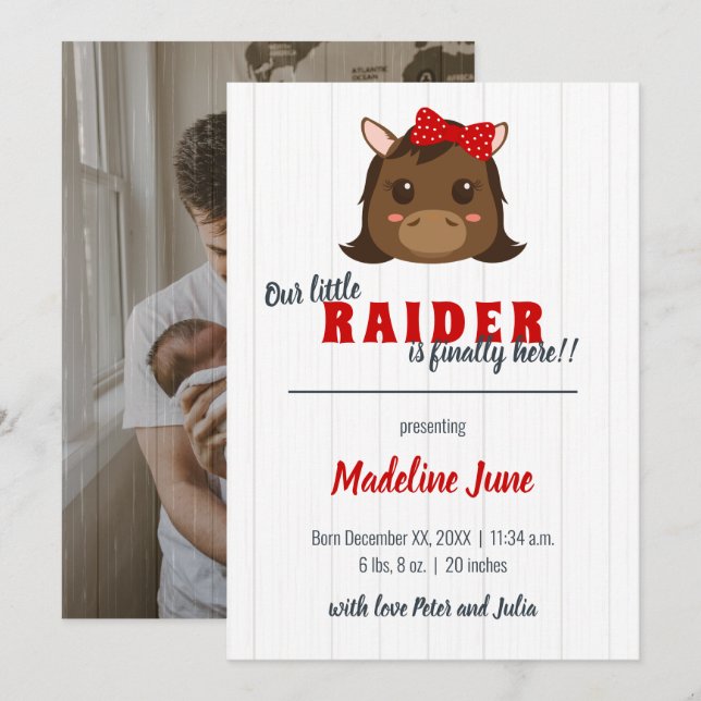 Flicka Horse Red Lodrät Birth Notice Meddelande (Fram/baksida)