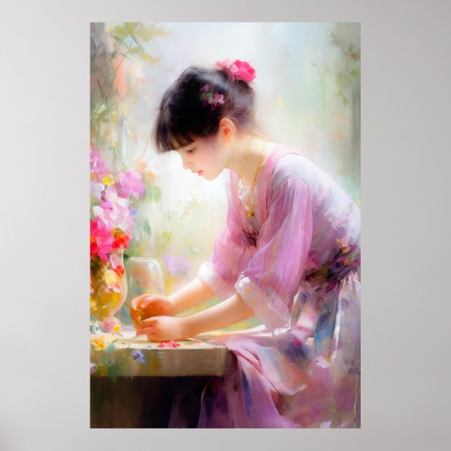 Flicka i blomsterträdgård  poster (Framsidan)