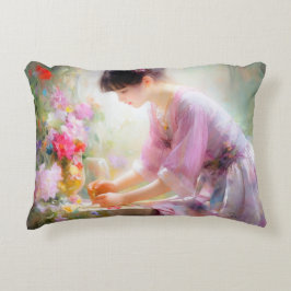 Flicka i blomsterträdgård  prydnadskudde