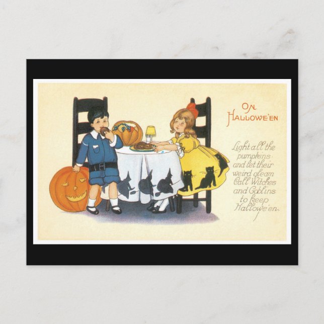 Flicka i en Halloween svart katt dräkt Vykort (Framsida)