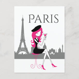 Flicka i en kafé i ParisChicen Eiffel Torn Vykort