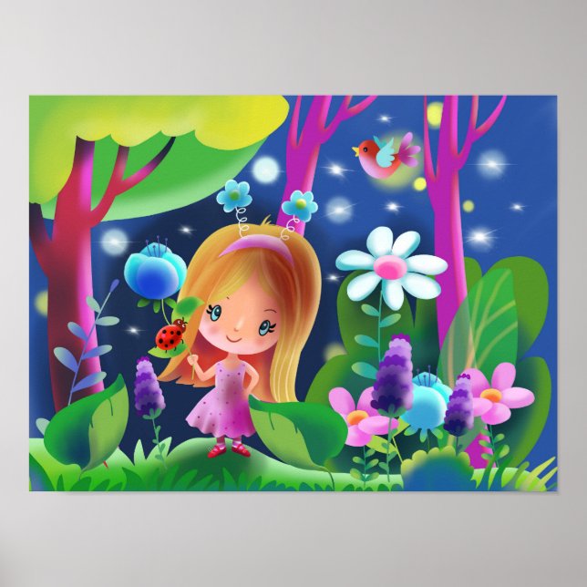flicka i en magisk skog med blommor och en fågel  poster (Framsidan)