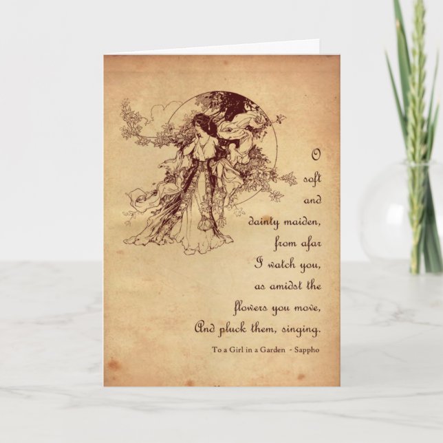 Flicka i en trädgårds- valentin helgkort (Framsida)