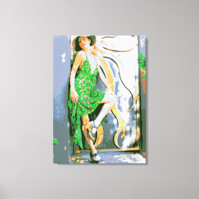 flicka i gröntens klädda arbetsyta canvastryck (Framsida)