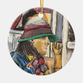 Flicka i levande hatt julgransprydnad keramik