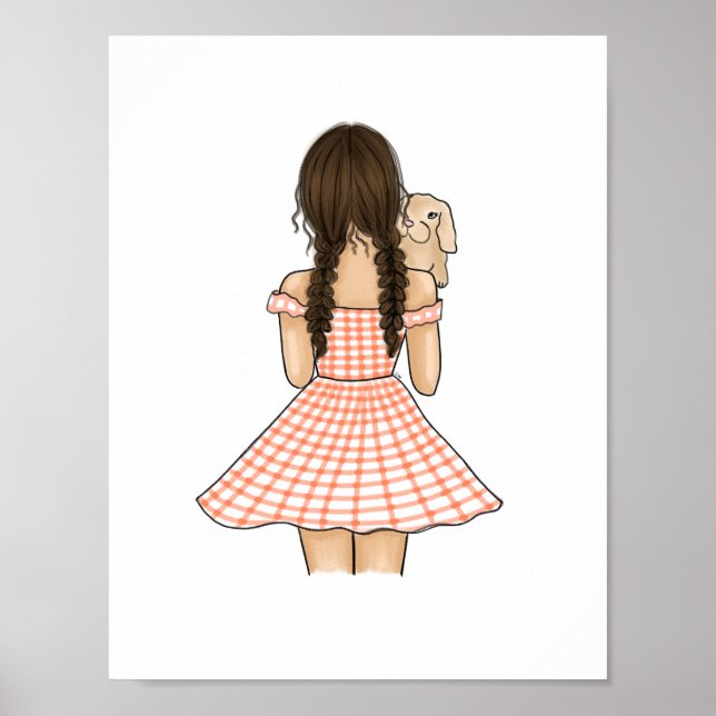 Flicka i orange som bär sällskapskanin barnkammare poster (Framsidan)