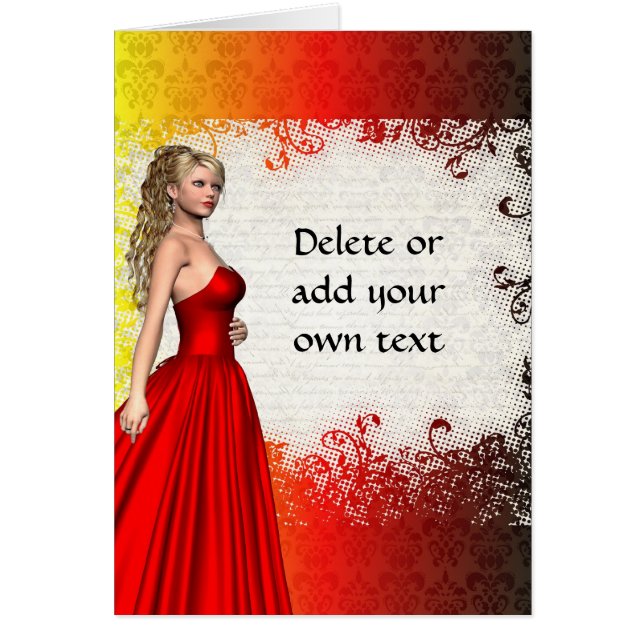 Flicka i röd klänning hälsningskort (Framsidan)