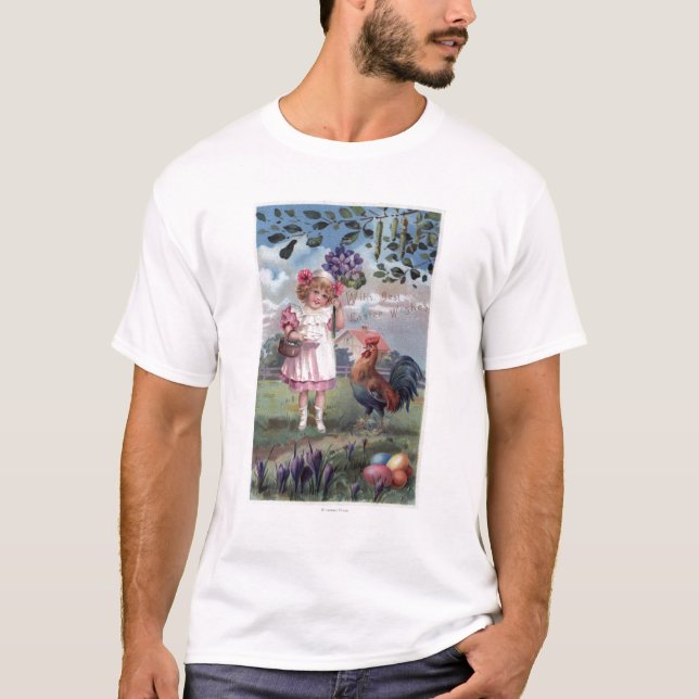 Flicka i rosa hållande lila blommor t-shirt (Framsida)