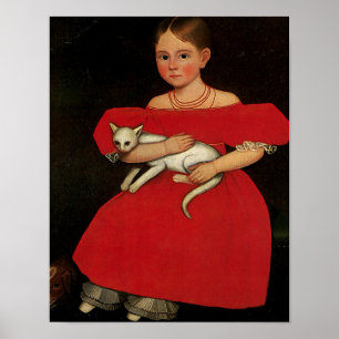 Flicka i rött med henne katt och hund poster