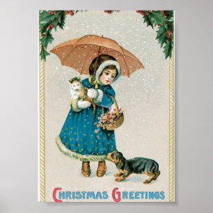 Flicka i snön på jul med katten och hunden poster