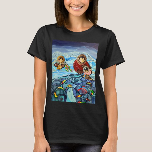 flicka i våtdräkt. fiskande flicka. latino. t shirt (Framsida)