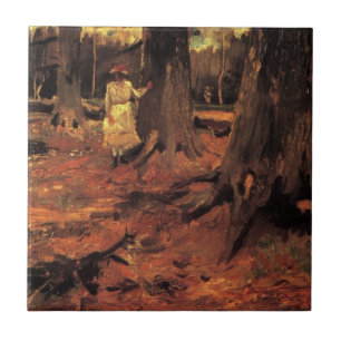 Flicka i vitt i skogen av Vincent van Gogh Kakelplatta