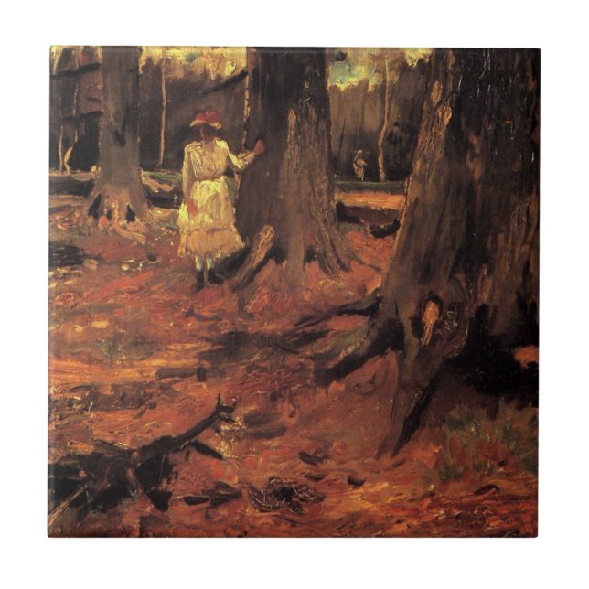Flicka i vitt i skogen av Vincent van Gogh Kakelplatta (Framsidan)