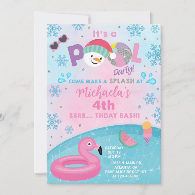 Flicka inomhus vinter poolparty födelsedagsinbjuda inbjudningar (Framsida)