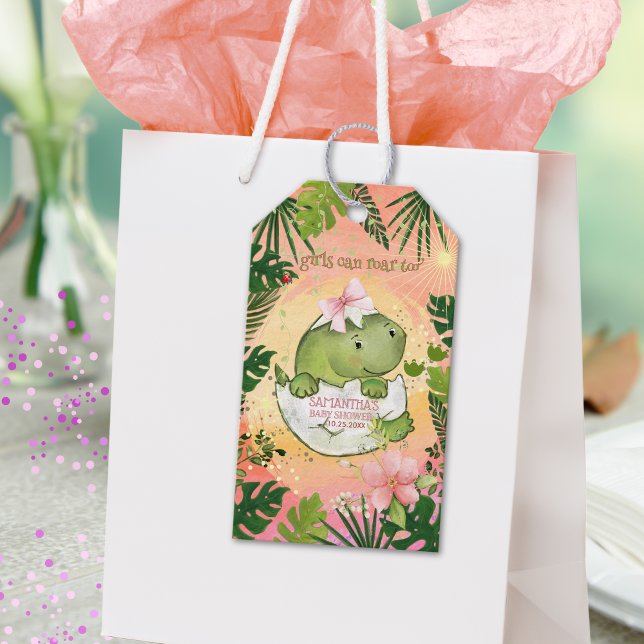 Flicka kan ryta också! Dinosaur Rosa Vattenfärg Presentetikett (Girl Can Roar Too! Dinosaur Pink Watercolor Gift Tags)