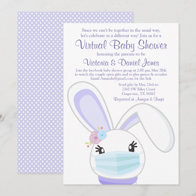Flicka Kaninmask Mail Virtuell Baby Shower Inbjudningar (Fram/baksida)