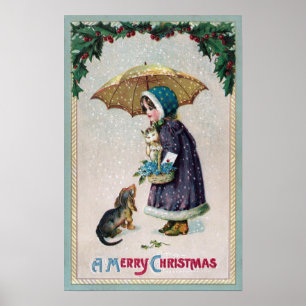 Flicka, katt & hund under paraplyet i snövintage poster
