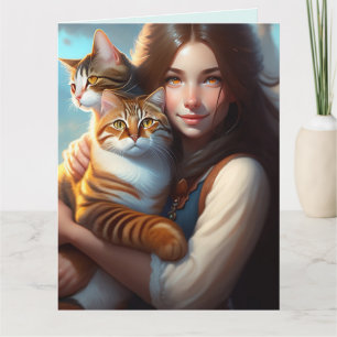 Flicka KATTER KONST VACKER Julkort Kort