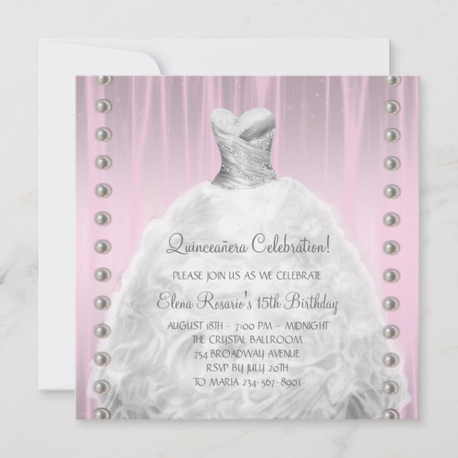 Flicka klänning pärlor rosa Quinceanera Inbjudningar (Framsida)