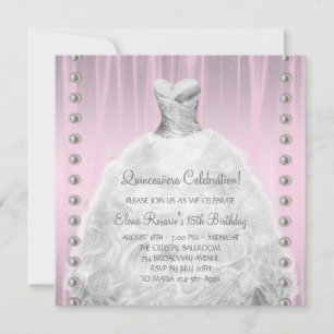 Flicka klänning pärlor rosa Quinceanera Inbjudningar