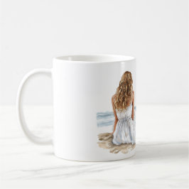 Flicka Klänning Strand Lycklig Plats Havsskal Hjär Kaffemugg