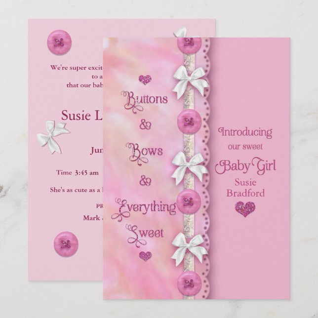 Flicka-knappar och Bows-Rosa-meddelanden Meddelande (Fram/baksida)