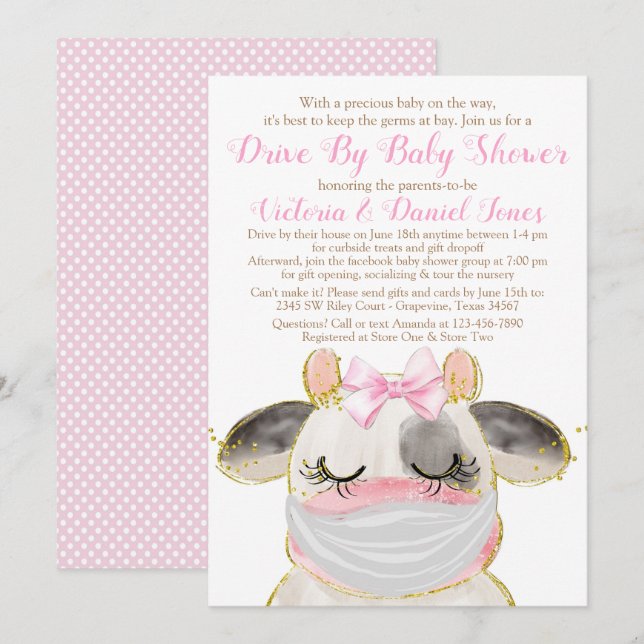 Flicka Ko med Mask Drive By Baby Shower Inbjudningar (Fram/baksida)