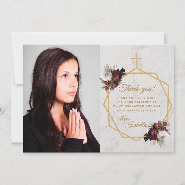 Flicka Konfirmation Burgunder Peon Blå Guldkors Ma Tack Kort (Framsida)