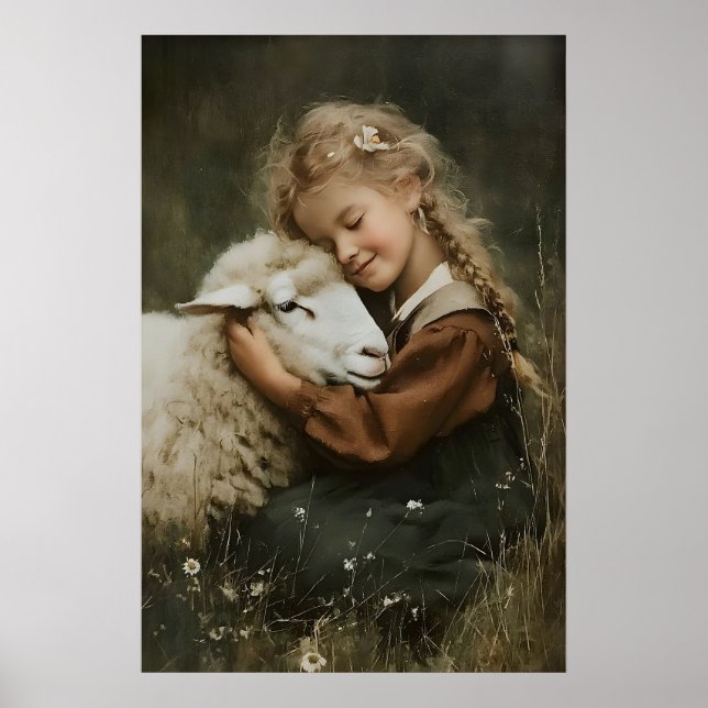 Flicka kramar ett får tryck, Whimsical Farm Nurser Poster (Framsidan)