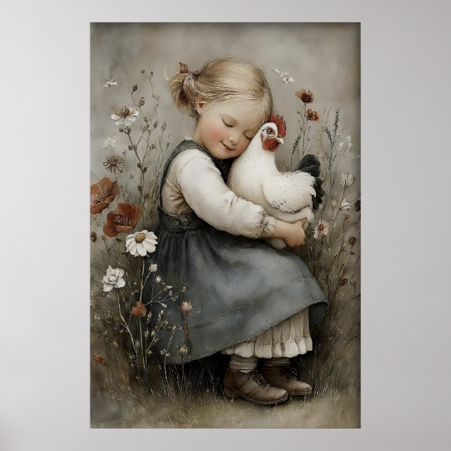 Flicka kramar kyckling utskrivbar, Tupp Rustik Poster (Framsidan)