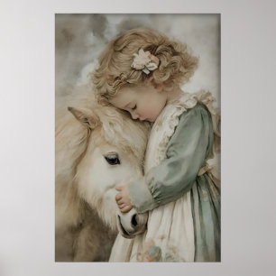 Flicka kramar ponny Antiktryck, Rustic Cottagecore Poster