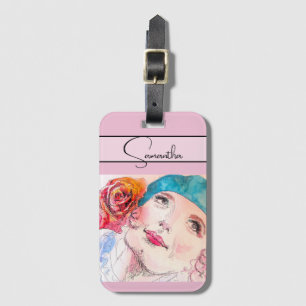 Flicka Kvinna Rosa Akvarell Aqua Baret Ros Telefon Bagagebricka