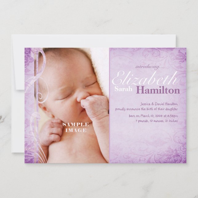 Flicka Lila Birth Notice Meddelande (Framsida)