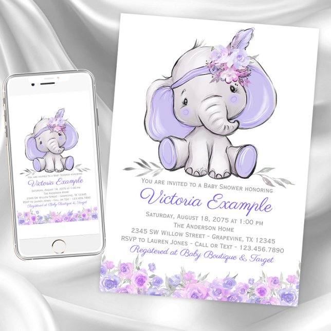 Flicka Lila Boho Elefant Baby Shower Inbjudningar (Girl purple elephant baby shower invitations. Instant download and printed invitations available.)