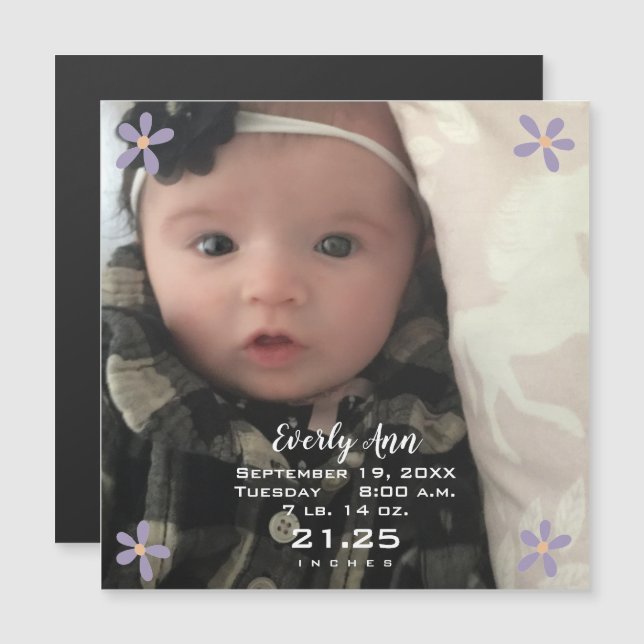 Flicka Lila Daisy Magnetic Birth Notice Magnetisk Inbjudningskort (Fram/baksida)