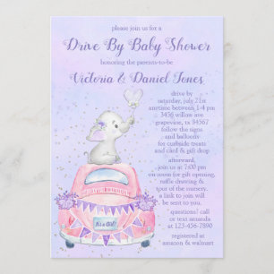 Flicka Lila Elefant Bil Drive Förbi Baby Shower Inbjudningar