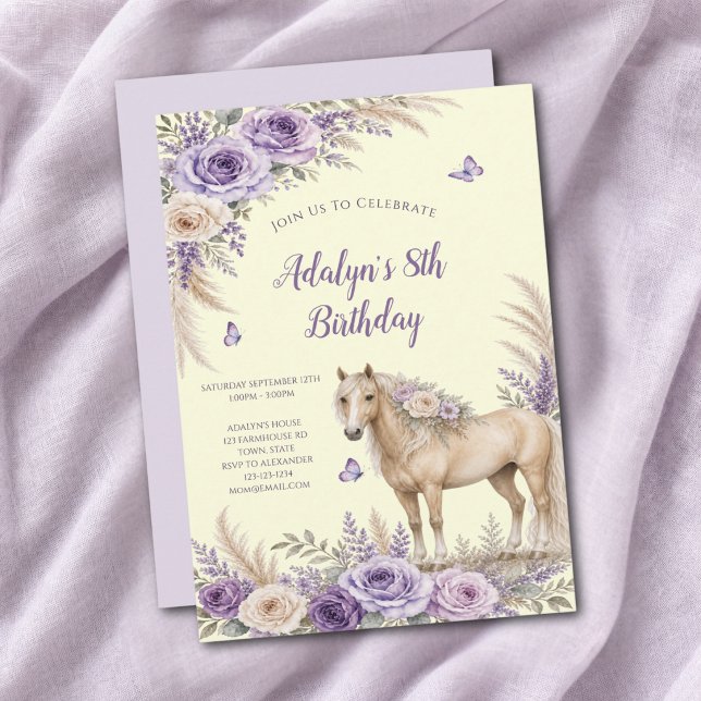 Flicka Lila Gul Ros Häst 8-årsdag Inbjudningar (Skapare uppladdad)