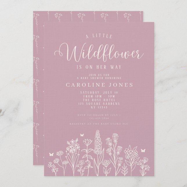 Flicka Little Wildblommes Rosa Baby Shower Inbjudningar (Fram/baksida)