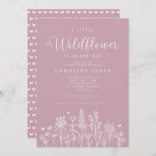Flicka Little Wildblommes Rosa Baby Shower Inbjudningar (Fram/baksida)