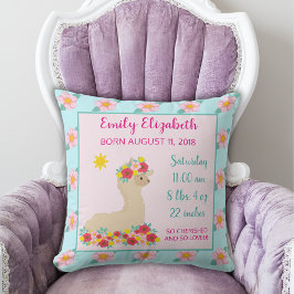 Flicka Llama Rosa Blommigt Birth Notice Kudde