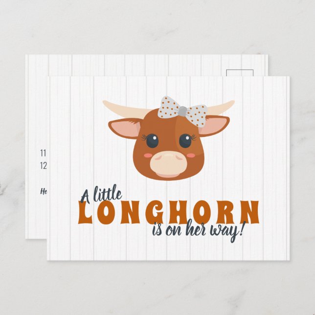 Flicka Longhorn Burnt Orange Baby Shower Inbjudan Vykort (Fram/baksida)