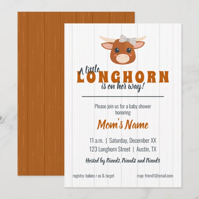 Flicka Longhorn Burnt Orange Baby Shower Inbjudningar (Fram/baksida)