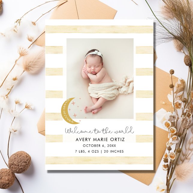 Flicka Måne Gult Rand födelsemeddelande om fotnote (Welcome Baby Girl Birth Photo Announcement)