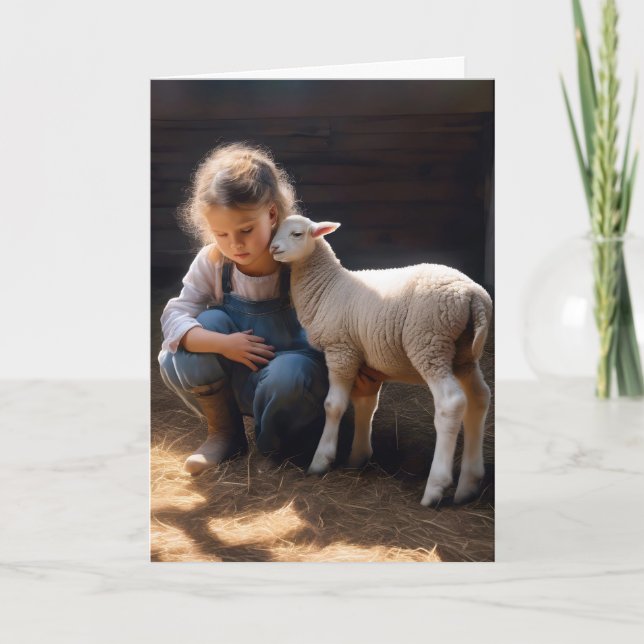 Flicka med Baby Lamb för födelsedagsdagen Kort (Framsida)