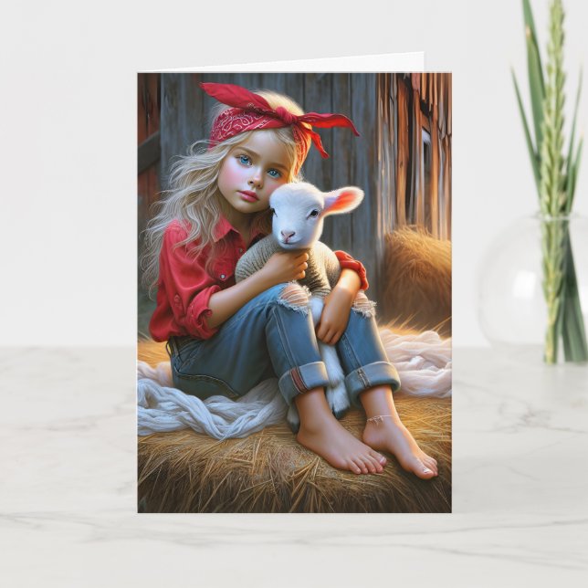 Flicka med Baby Lamb för födelsedagsdagen Kort (Framsida)