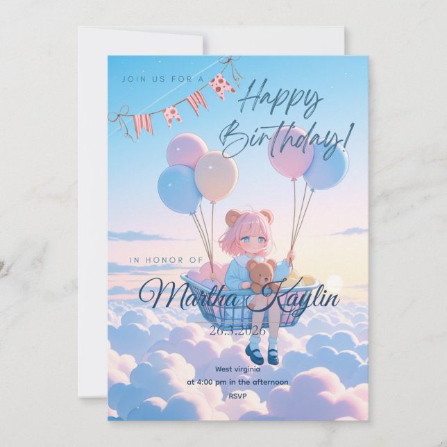 Flicka med ballonger Drömsk Himmel Fest Kort (Framsida)